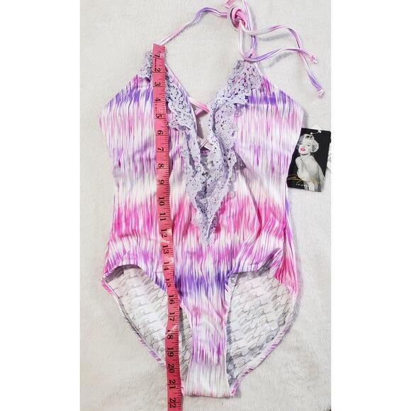 Marilyn Monroe One Piece SwimSuit Women's Small Purple Pink Lace Deep V Halter - Picture 6 of 7